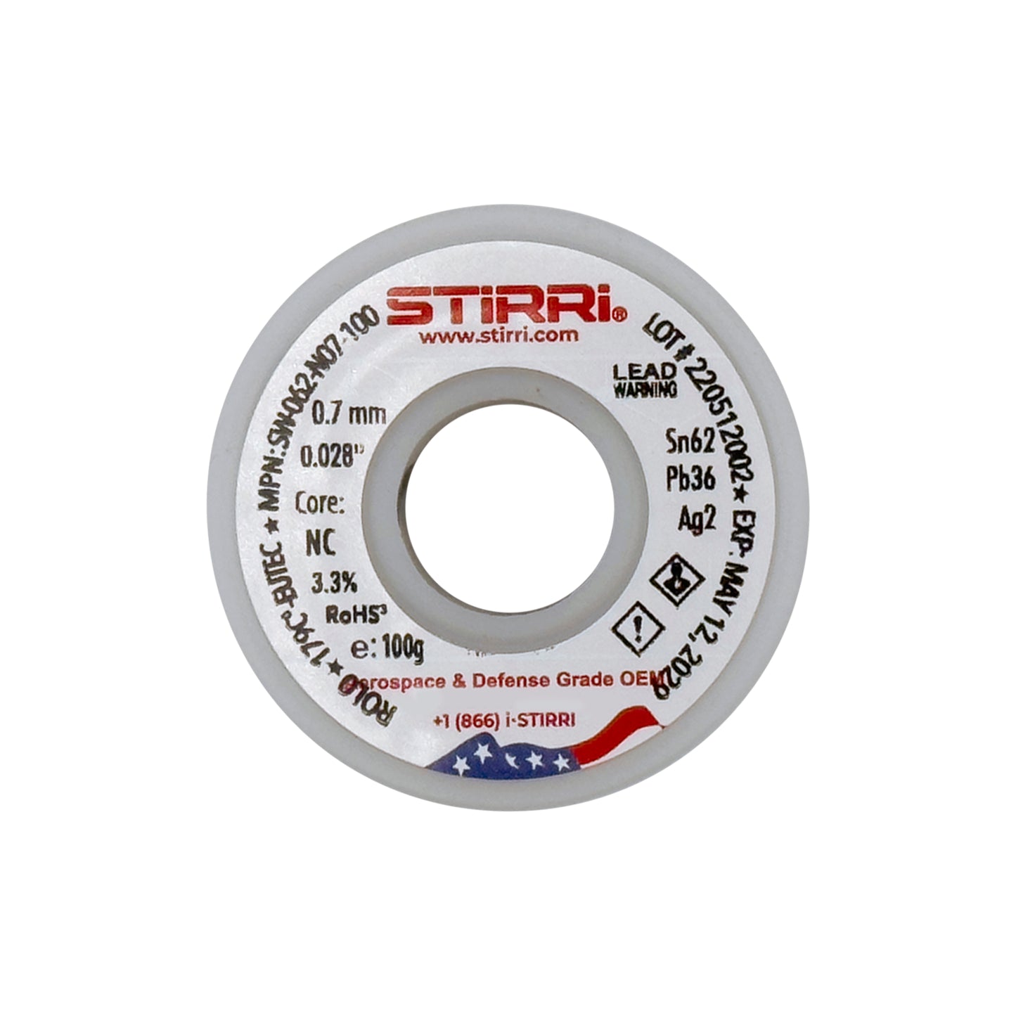 MT-062 - Sn62Pb36Ag2 mid-temp eutectic leaded solder wire NC-core ROL0 - 100g spool