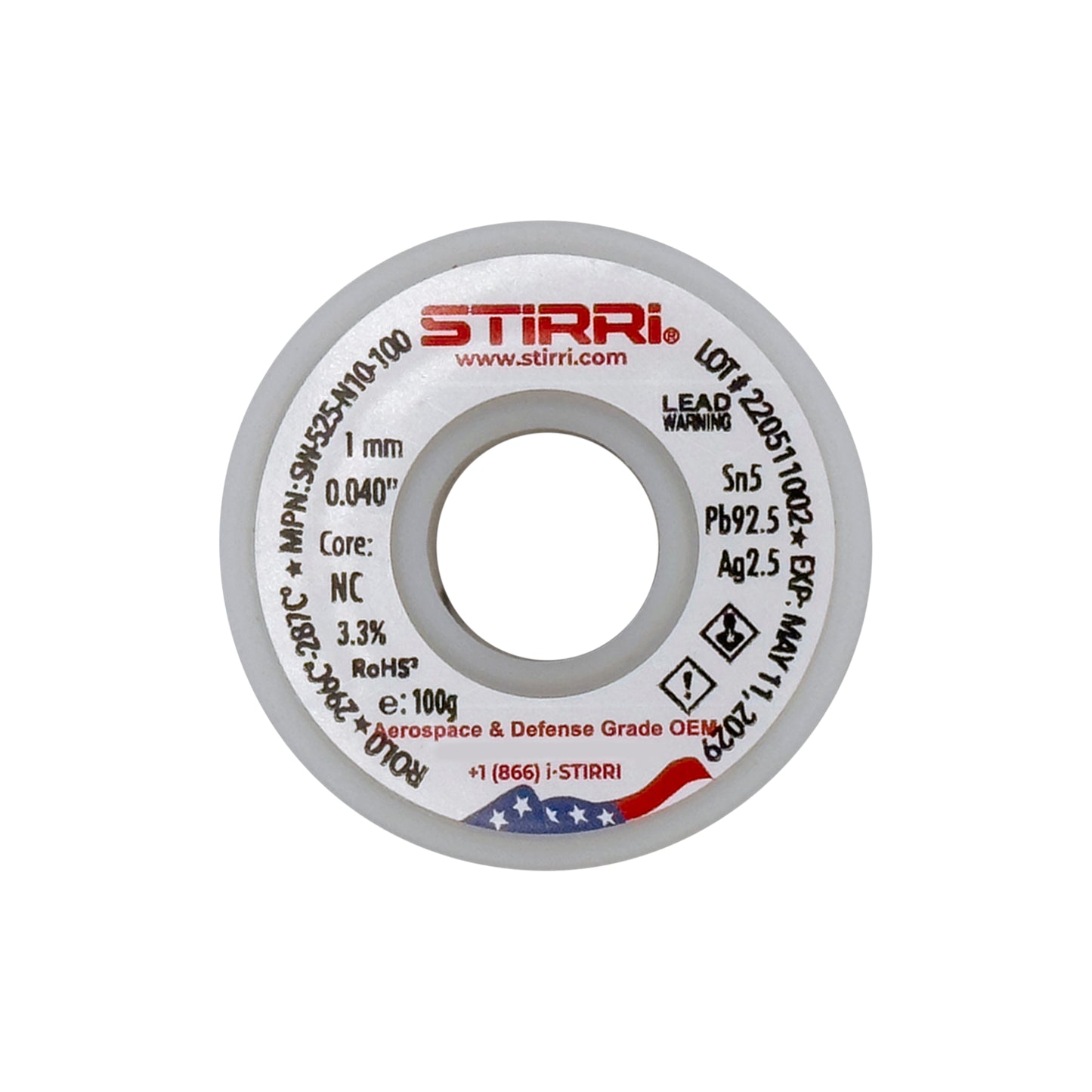 HT-525 - Sn5Pb92.5Ag2.5 high-temp leaded solder wire NC-core ROL0 - 100g spool